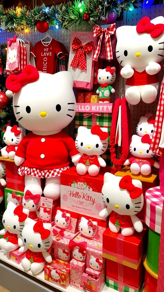 A variety of Hello Kitty Christmas gifts including plush toys, clothing, and accessories arranged with festive decorations.
